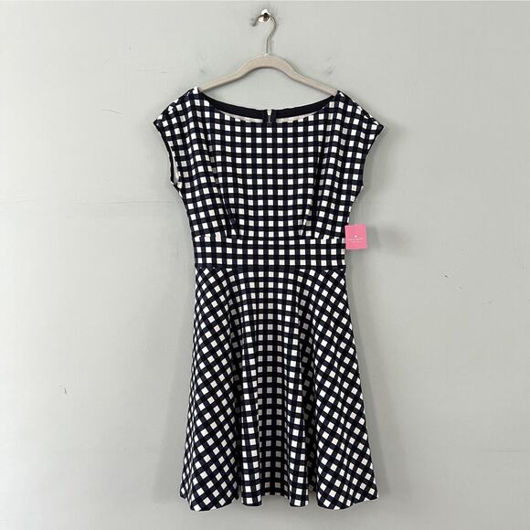 NWT Kate Spade Gingham Ponte Fiorella Navy Blue White Fit & Flare Dress - Picture 3 of 9